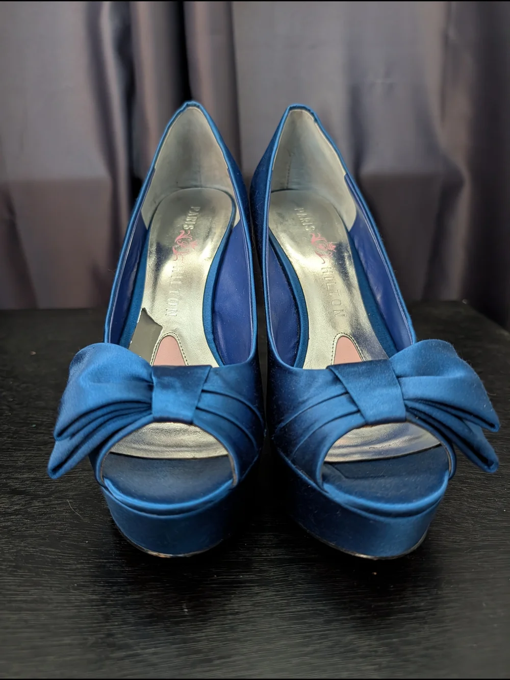 Paris Hilton Satin Platform Peep-Toe Wedge Heels with Bow